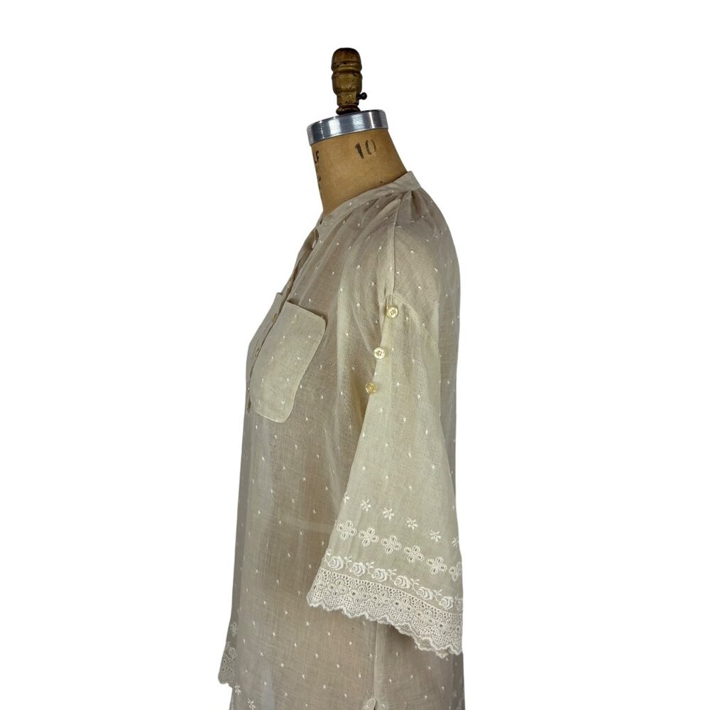 Vintage 70s Sheer Shirt Womens Large Beige Dotted Embroidered Mandarin Tunic - Picture 7 of 11